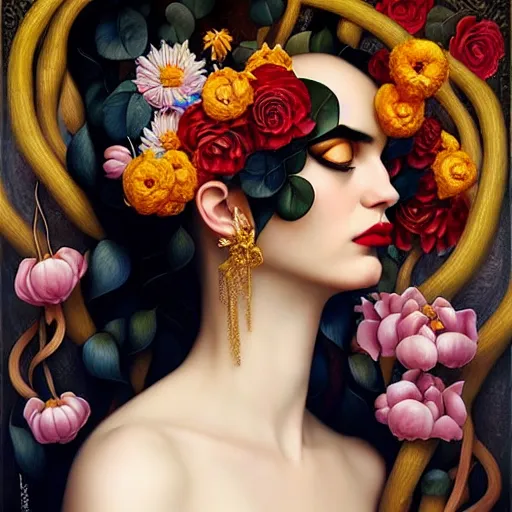 Image similar to dynamic composition, a painting of woman with hair of ( summer flowers )!! and vines wearing ornate earrings, ornate gilded details, a surrealist painting by tom bagshaw and jacek yerga and tamara de lempicka and jesse king, featured on cgsociety, pop surrealism, surrealist, dramatic lighting, wiccan, pre - raphaelite