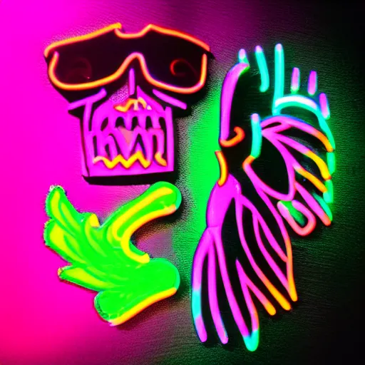 Prompt: dmt ego death neon pink + vulture + knife + hourglass + fish with wings + bikini girl + demon