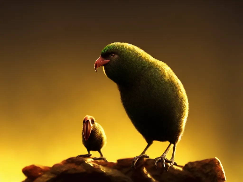 Prompt: Kiwi bird with a kiwi face, bokeh, dramatic lighting, cinematic, establishing shot, high detail, cinematic lighting, post processed, 8k, concept art, artstation, matte painting, in the style of eddie mendoza, raphael lacoste, alex ross