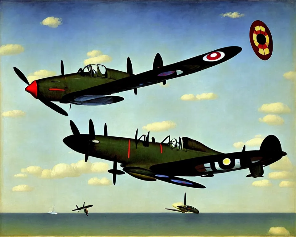 Prompt: an achingly beautiful print of one supermarine spitfire by raphael, hopper, and rene magritte. detailed, romantic, enchanting, trending on artstation.