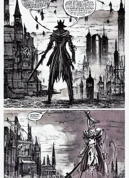 Image similar to a hunter from bloodborne vs retrofuturism robot in yharnam, style by retrofuturism, faded red and yelow, by malcolm smith, old comics in city, nicholas roerich