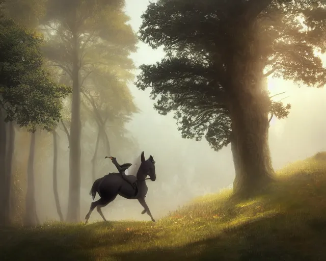 Prompt: a hooded adventurer on a horse. Hillside, mist, fog, trees, path, atmospheric lighting, adventurous, new beginnings, journey. By Makoto Shinkai, Stanley Artgerm Lau, WLOP, Rossdraws, James Jean, Andrei Riabovitchev, Marc Simonetti, krenz cushart, Sakimichan, trending on ArtStation, digital art.