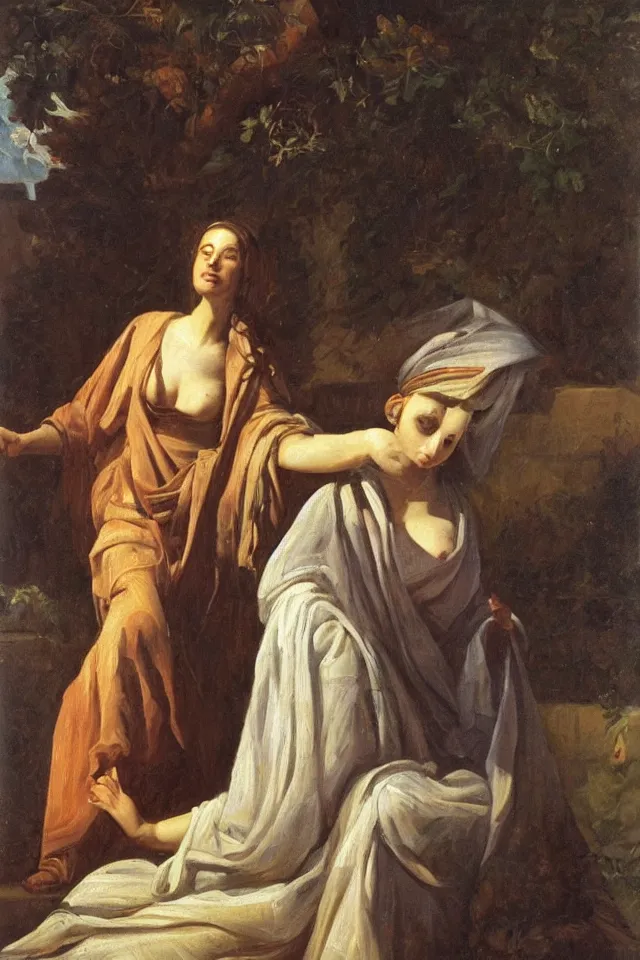 Image similar to chiaroscuro painting, dapple light, a beautiful greek woman in robes in a lush garden