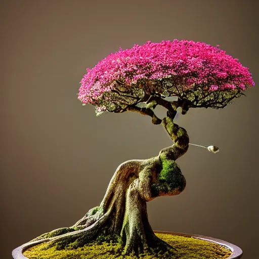 Image similar to A picture of a planet of various flowers, fungus and plants, Bonsai , in which the human figure is dressed in something magical and impressive, inside the picture is infinity, muted light, BotanicalAtmospheric phenomenon, artistic photography, muted colors, conceptual, Kodachrome