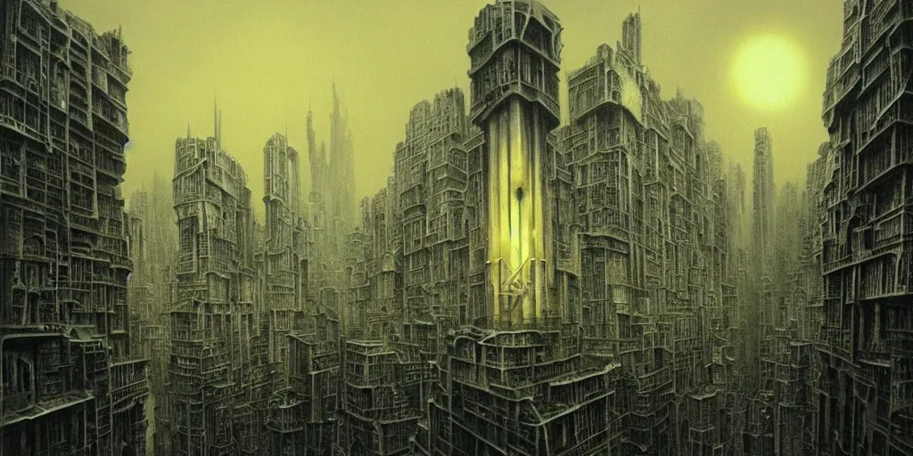 Prompt: a gigantic city at night where buildings are built out of skulls and bones, fleshy structures, light coming from windows, surreal atmospheric painting by hr giger and beksinski