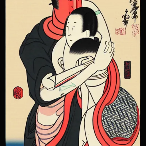 Image similar to a robotic man and woman hugging, shunga style, ukiyo - e art, artstation