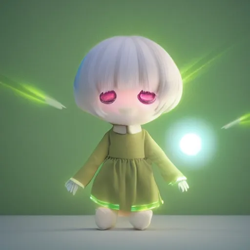 Prompt: cute fumo plush girl who has been uploaded into cyberspace, glowing green light, lens flare, caustics, vray