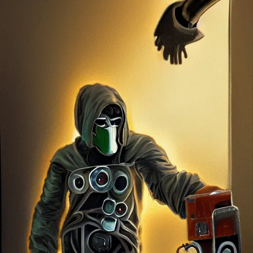 Image similar to photorealistic detail portrait of a doctor doom repairing his garbage machine, good lighting, trendy, good quality, smooth draw, sharp focus, trending on deviantart.