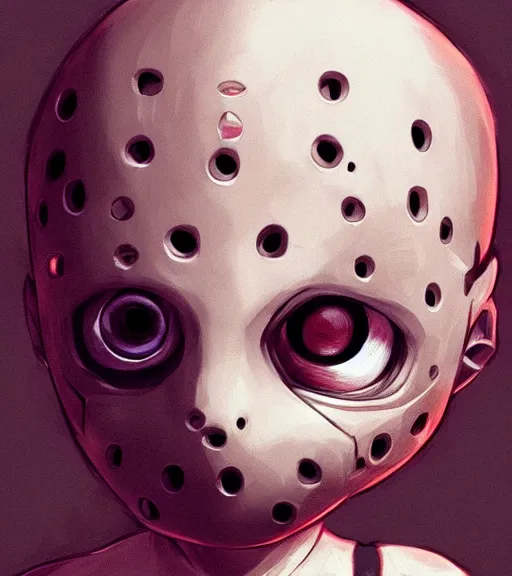 Image similar to beautiful little boy anime character inspired by jason voorhees, art by rossdraws, wlop, ilya kuvshinov, artgem lau, sakimichan and makoto shinkai, concept art, anatomically correct, extremely coherent, realistic, mask, smooth, hd, red eyes