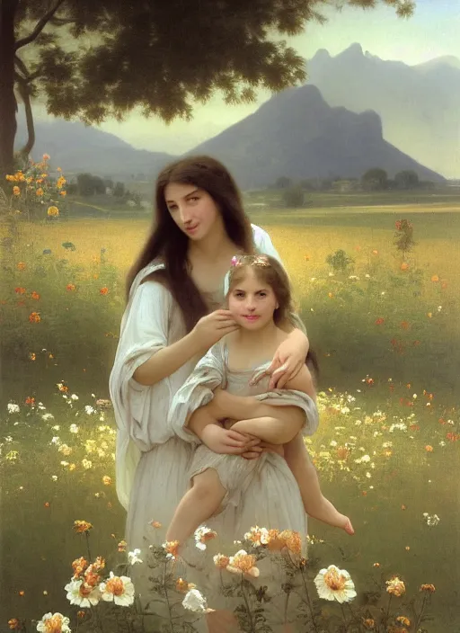 Image similar to oil painting portrait of a family one with long flowing hair in a white dress, dancing through a field of flowers at sunset with mountains in the background, hazy, chiaroscuro, artstation, cinematic, golden hour, digital art painting by diego velasquez, - adolphe bouguereau, hazy atmosphere, flowers, cinematic lighting