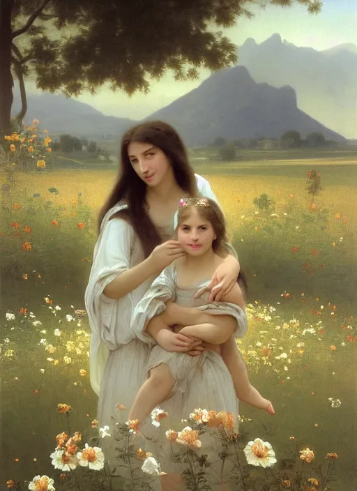 Prompt: oil painting portrait of a family one with long flowing hair in a white dress, dancing through a field of flowers at sunset with mountains in the background, hazy, chiaroscuro, artstation, cinematic, golden hour, digital art painting by diego velasquez, - adolphe bouguereau, hazy atmosphere, flowers, cinematic lighting