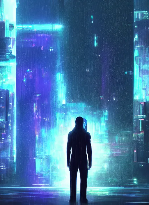 Image similar to lonely one cyber godly person made of cosmic nebula galaxy energy watching a vast rainy colorful complex cyberpunk futuristic city from behind at night through a window in a room, 8 k, photorealistic, concept art, wet, highly detailed, cinematic mood by ridley scott, ghost in the shell, akita, digital painting, trending on artstation, glowing lights, sharp focus, epic