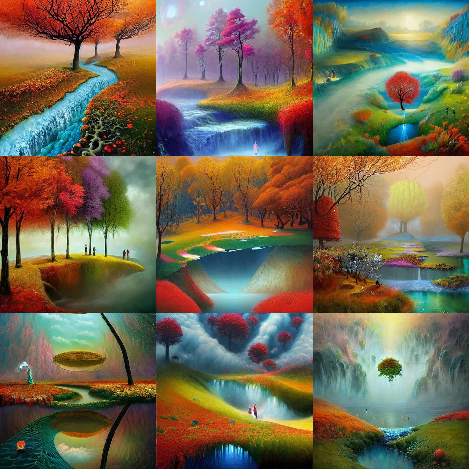 Prompt: a masterpiece matte painting of the four season on an alien landscape, seasons!! : 🌸 ☀ 🍂 ❄, a river divides!!, painted by gediminas pranckevicius, inspired by mimmo rotella, inspired by alberto seveso, quantum wavetracer, crepuscular rays
