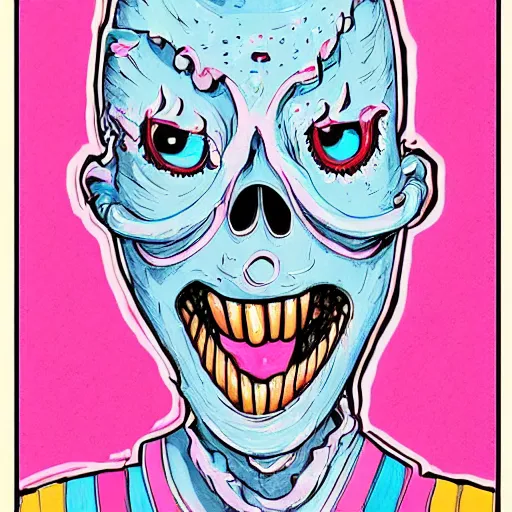 Image similar to crying wobbly eyes mouth pink ice cream, blue waffle cone, jester themed, intricate concept art, thick line drawing, 1 9 8 3 horror painted book cover art