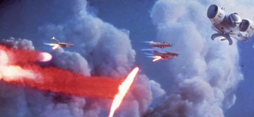 Image similar to a film still of an epic ww 2 space battle, explosions, wide angle, rule of thirds, colorful, thunderbirds, hbo, 4 k, hd, hyperrealistic, 7 0 mm, cronenberg