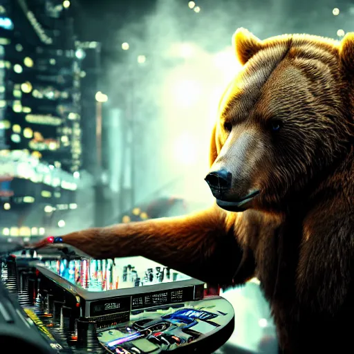 Image similar to a cyborg grizzly bear dj mixing records on stage, photorealistic, highly detailed, illustration, lifelike, highly detailed, intricate, octane render, sharp focus, cyberpunk