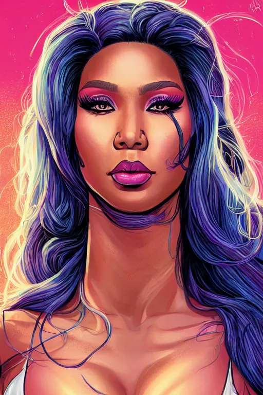 Prompt: a portrait of sexy nicki minaj with long hair, drawn by robbie trevino and dan mumford, poster, digital art, comic art, concept art,, single head, no double head,