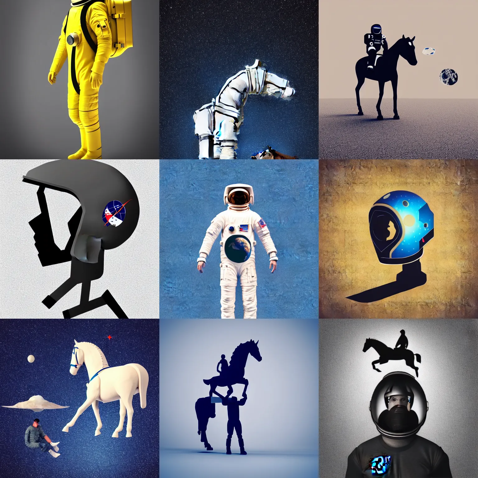 Prompt: an astronaut standing on the ground and a horse horse horse horse floating right above the human, the horse is exactly on his head on his helmet on his shoulders minimalist style, 3 d render, isometry