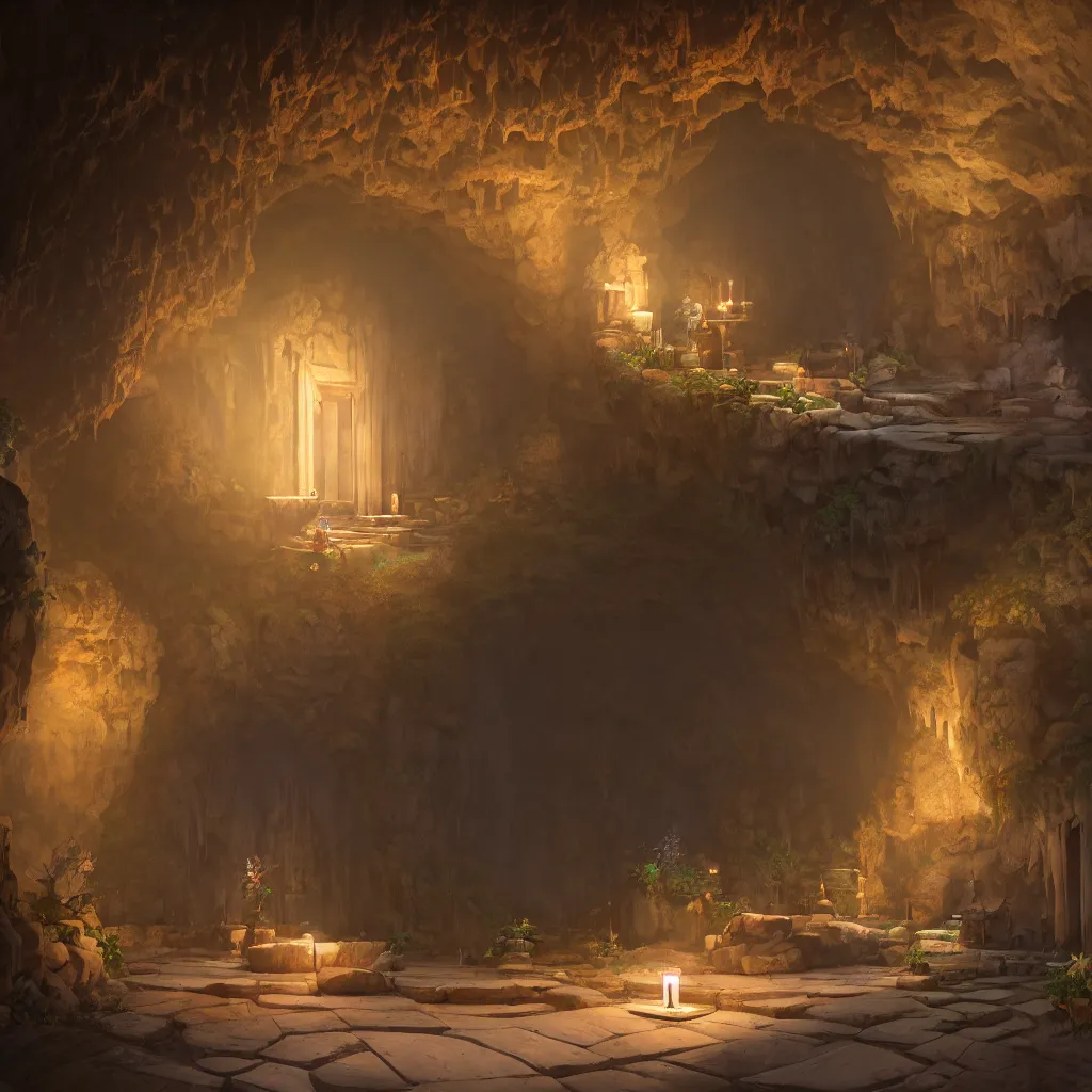 Image similar to secret overwatch common area carved inside a cave, doors to various bedrooms, sheltered, magical, natural light, lush central tree, flowers, candle light, cinematic lighting, clean lines, cozy, fantasy, minimalist architecture, sharp focus, concept art, octane render 4 k, artstation, by greg rutkowski