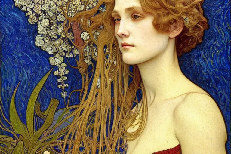 Image similar to detailed realistic beautiful young medieval queen face portrait by jean delville, alphonse mucha, vincent van gogh, and marco mazzoni, art nouveau, symbolist, visionary, gothic, pre - raphaelite