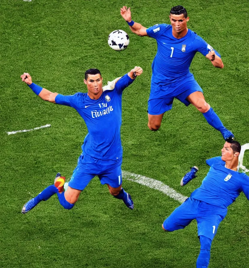 Image similar to cristiano Ronaldo tackling a blue meat ball in the style of siudmak, football, nike