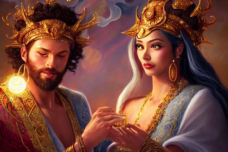 Image similar to close up moment of a divine a sun god and a moon goddess lovers magician at a wedding banquet, highly detailed, d & d, fantasy, highly detailed, digital painting, trending on artstation, concept art, sharp focus, illustration, art by artgerm and greg rutkowski and magali villeneuve