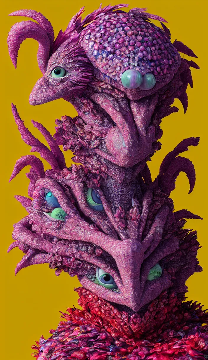 Prompt: hyper detailed 3d render like a Oil painting - kawaii portrait of four Aurora (a beautiful skeksis muppet fae queen from dark crystal that looks like Anya Taylor-Joy) seen red carpet photoshoot in UVIVF posing in scaly dress to Eat of the Strangling network of yellowcake aerochrome and milky Fruit and His delicate Hands hold of gossamer polyp blossoms bring iridescent fungal flowers whose spores black the foolish stars by Jacek Yerka, Ilya Kuvshinov, Mariusz Lewandowski, Houdini algorithmic generative render, Abstract brush strokes, Masterpiece, Edward Hopper and James Gilleard, Zdzislaw Beksinski, Mark Ryden, Wolfgang Lettl, hints of Yayoi Kasuma and Dr. Seuss, octane render, 8k