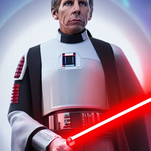 Prompt: a portrait of director krennic from rogue one wielding a red lightsaber on an imperial starship, cinematic, realistic, raytracing, hdr, 8 k