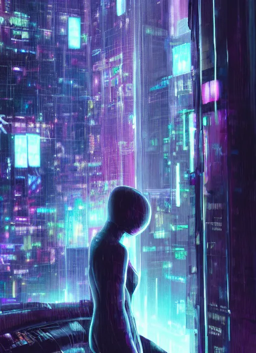 Image similar to lonely cyber person made of cosmic galaxy energy watching a vast rainy colorful complex cyberpunk futuristic city from behind at night through a window in a room, 8 k, photorealistic, concept art, wet, highly detailed, cinematic mood by ridley scott, ghost in the shell, akira, digital painting, trending on artstation, glowing lights, sharp focus, epic composition