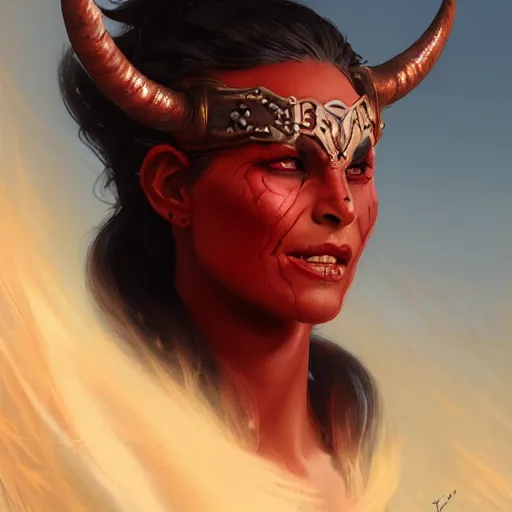 Prompt: portrait of a strong fierce female berber tiefling with red skin, devil horns and black hair in a ponytail wearing a steel chestplate in a desert, fantasy, highly detailed, digital painting, artstation, concept art, character art, art by greg rutkowski and tyler jacobson and alphonse mucha