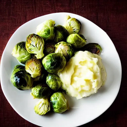 Prompt: brussel sprouts on white gravy , mashed potatoes, Michelin star, award winning