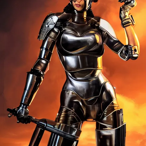 Image similar to a full bodied portrait of beautiful, disciplined, young woman in latex battle armor suit by sandra chevrier, detailed render, epic composition, cybernetics, 4 k realistic, cryengine, realistic shaded lighting, sharp focus, masterpiece, by matteo scalera, gary montalbano, peter elson in the style of the tokyo ghost comic, epic angles