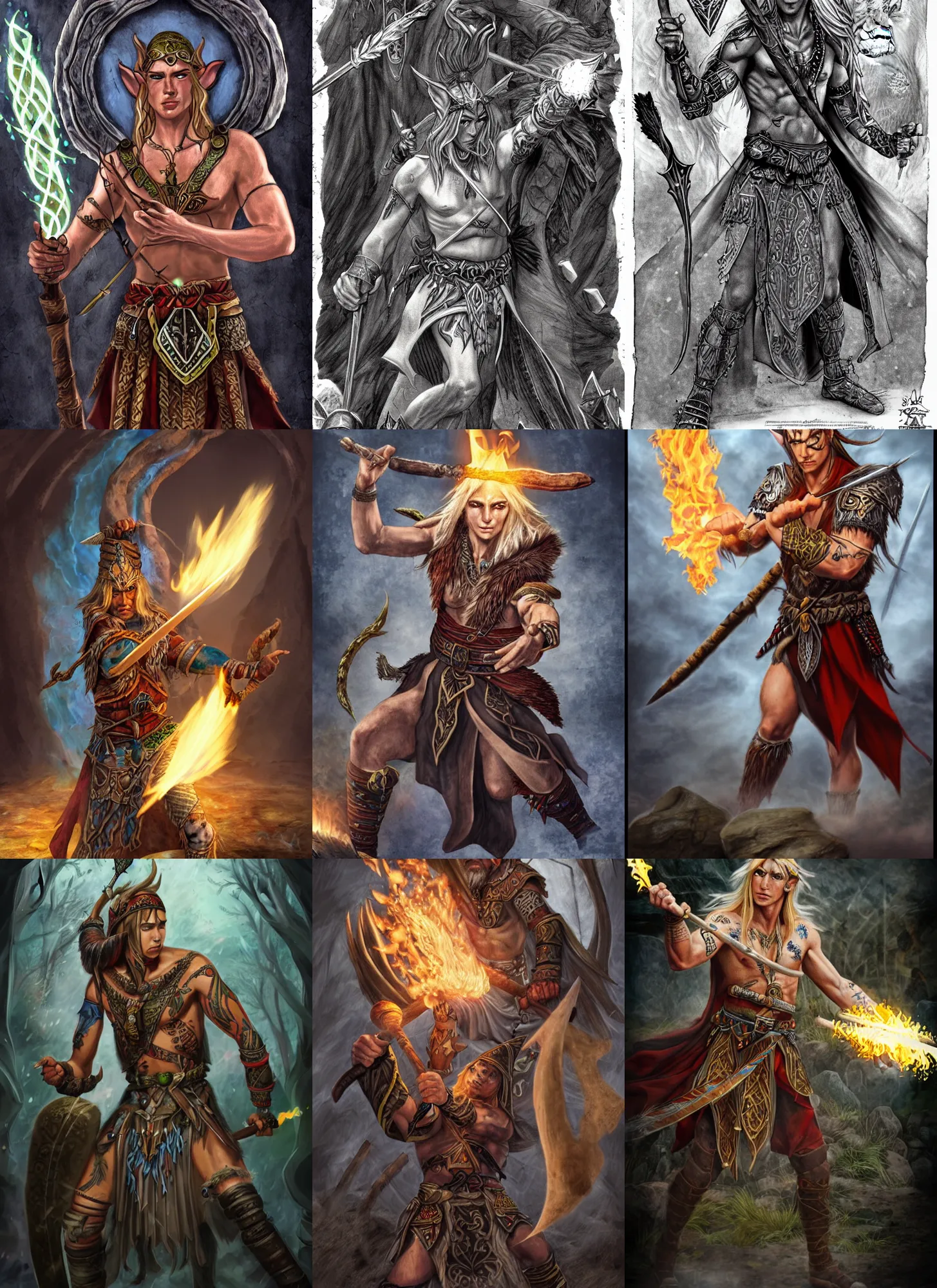 Prompt: half elf battle shaman doing magic with stone and fire, male, blond, detailed, tatoos, staff, magic, elements