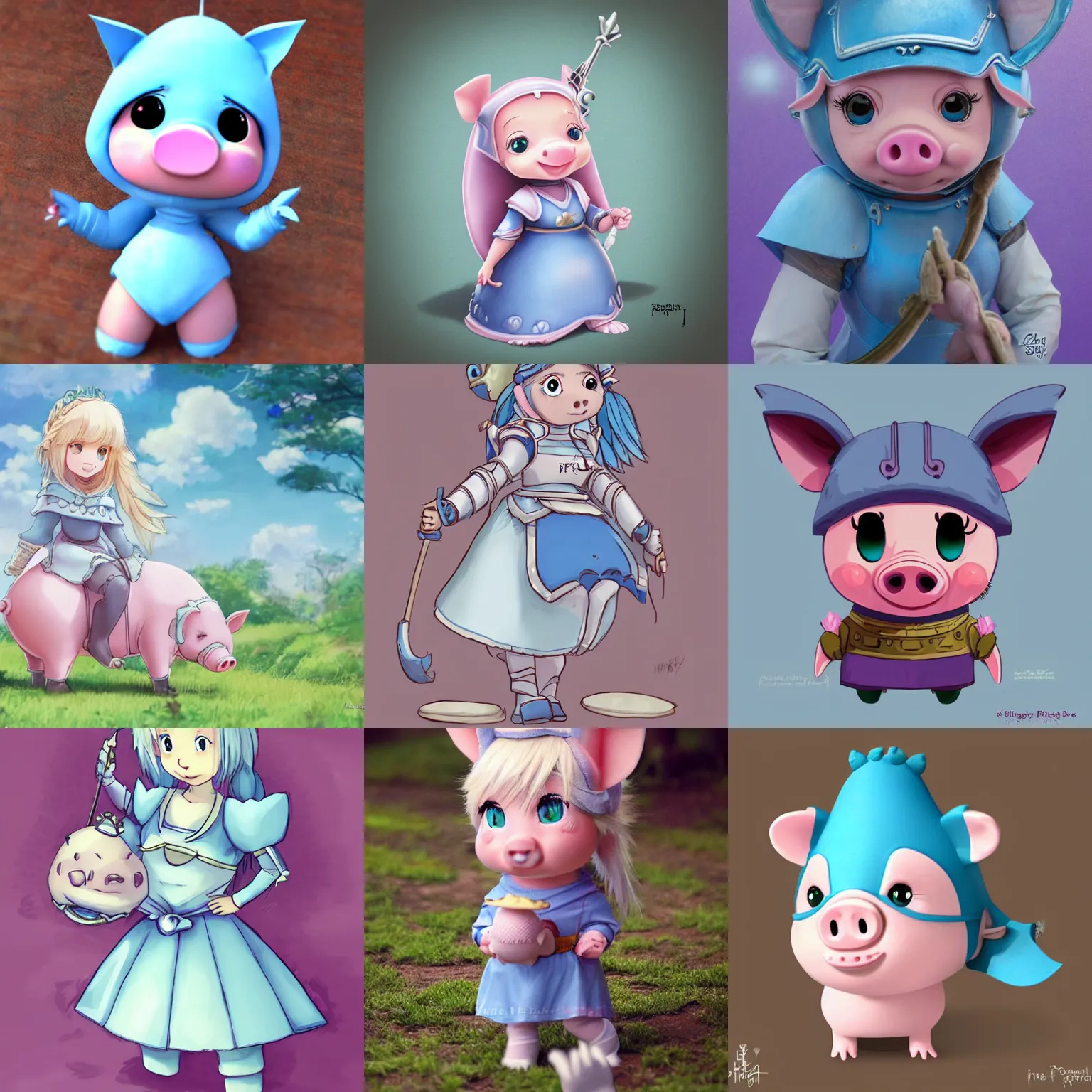 Prompt: very cute and adorable little anthropomorphic piggy knight princess, big beautiful blue eyes, piglet, fantasy forest, pale blue outfit, pretty, semi realistic, hyper detailed, 8k, studio Ghibli, Pixar, Nintendo, DeviantArt, Instagram, Behance, Artstation, trending on artstation, Pixiv, Pixiv daily ranking, Yee Chong, Sydney Hanson, Mickael Lelièvre, Jaeyeon Nam, derevschikova, Ross Tran