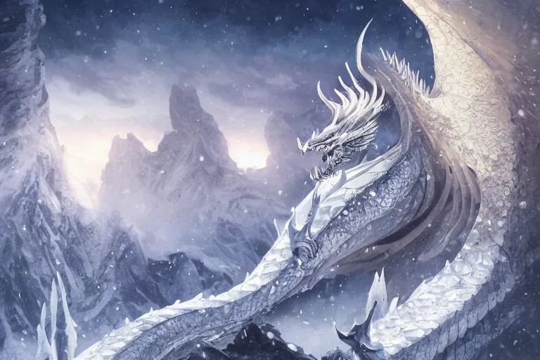 Image similar to Ice Dragon on a beautiful fantasy landscape, mountainside, winter, moonlit, HD, illustration, epic, D&D, fantasy, intricate, elegant, highly detailed, digital painting, artstation, concept art, smooth, sharp focus, illustration, wallpaper, art by artgerm and greg rutkowski and alphonse mucha and jin xiaodi