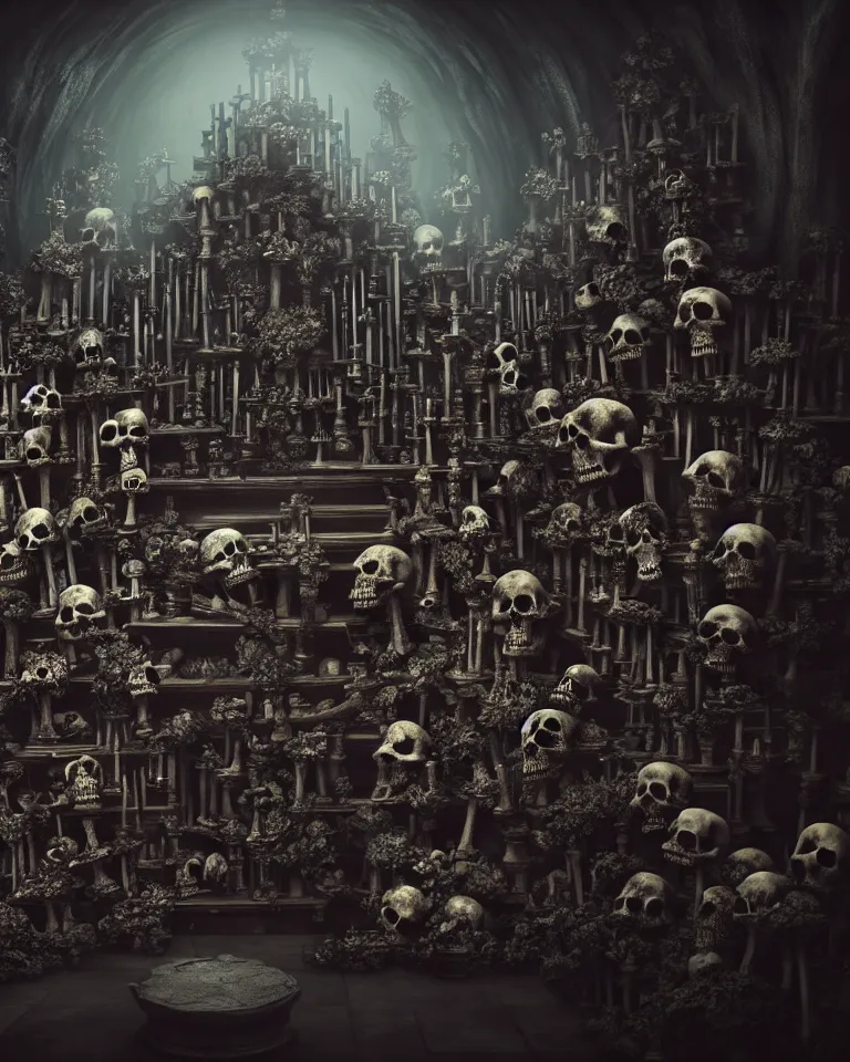 Image similar to full color, low wide shot of sedlec ossuary, bones, anime style mixed with fujifilm, dark, foggy, atmospheric, artstation, cgsociety, octane render, cgi, unreal engine 5, denoise, detailed, cinematic masterpiece