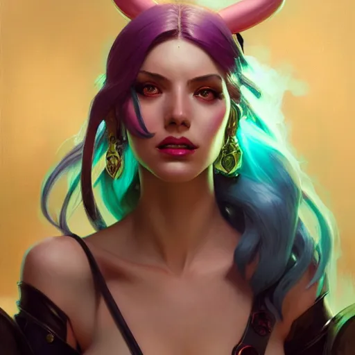 Prompt: Portrait of Jinx from League of legends ,highly detailed, digital painting, artstation, concept art, sharp focus, illustration, art by greg rutkowski and alphonse mucha