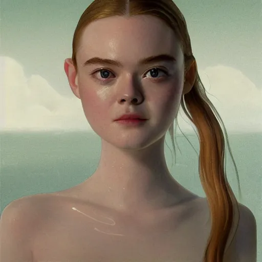 Prompt: Elle Fanning at the pool in the style of Guibing Zhu, head and shoulders portrait, stormy weather, extremely detailed masterpiece, oil on canvas, low-key neon lighting, artstation, Blade Runner 2049, Roger Deakin’s cinematography, by J. C. Leyendecker and Peter Paul Rubens and Edward Hopper and Michael Sowa,