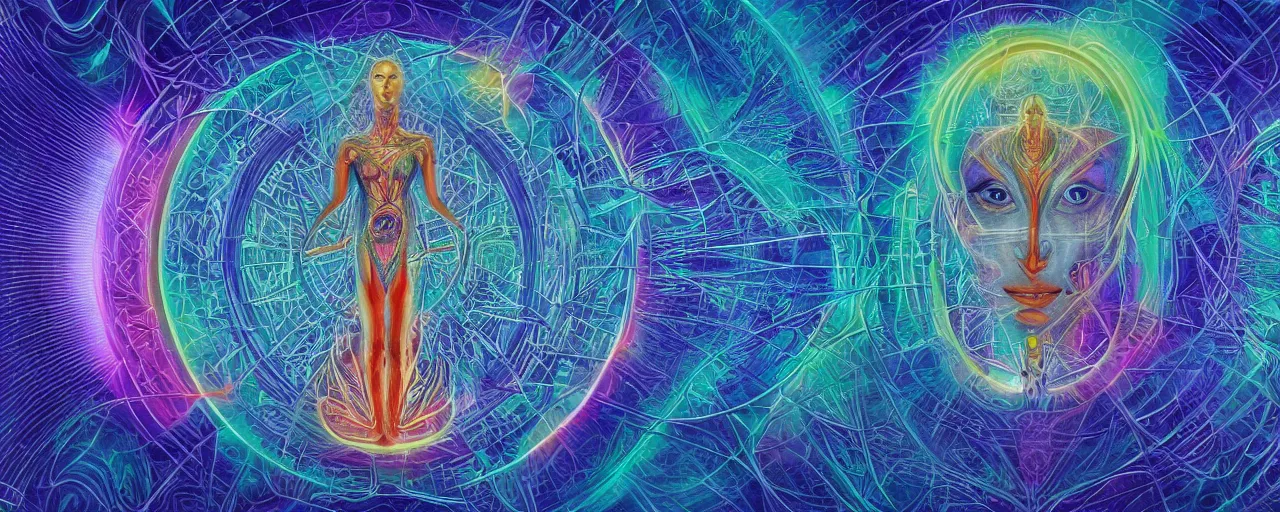 Prompt: transformation, transcendence into collaborative intelligence, endless collaboration with ai, connectedness, body, by alex grey, album cover, award winning, beautiful, colorful, volumetric lighting, trending on artstation, cinematic