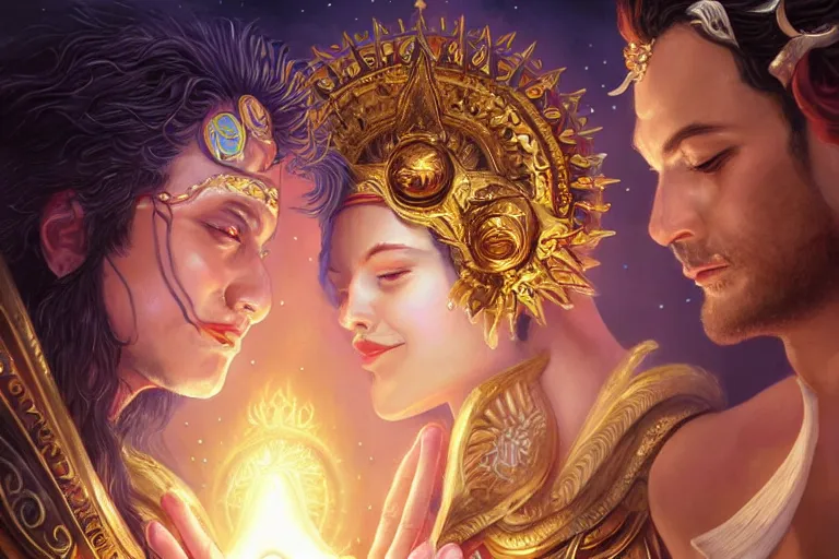 Image similar to close up moment of a divine a sun god and a moon goddess lovers magician at a wedding banquet, highly detailed, d & d, fantasy, highly detailed, digital painting, trending on artstation, concept art, sharp focus, illustration, art by artgerm and greg rutkowski and magali villeneuve