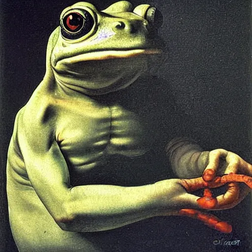 Image similar to The best painting of a frog of all time, by Caravaggio