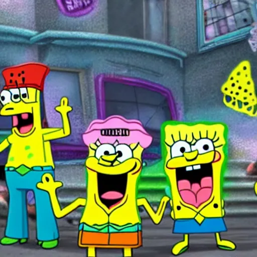 Image similar to 3D realistic SpongeBob and Sandy rapping, wearing cool rap outfits and bandanas, standing on the streets, surrounded by a crowd, unique angle, HDR, 4k, the earth is quaking under their feet from the music, shockwaves are coming out, graffiti in the background, details faces, visible eyes, unreal engine