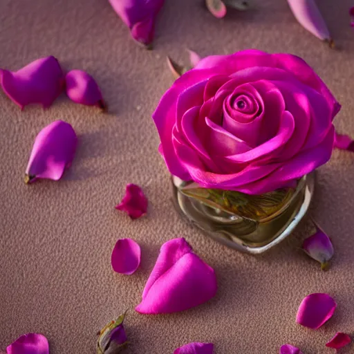 Image similar to perfume bottle surrounded by deep pink romantic rose petals, dew drops, f 2 0, soft femme, romantic simple path traced, environment, up close shot