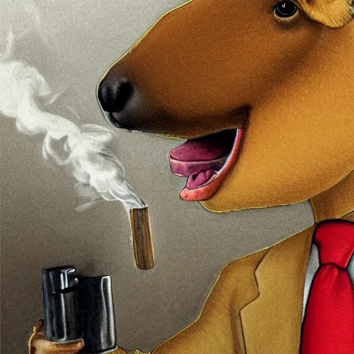 Image similar to a high detail photo of an antropomorphic capybara wearing a suit smoking a cigarrette, subject= duck, subject detail: wearing a suit, subject action: smoking a cigarrette photorealism