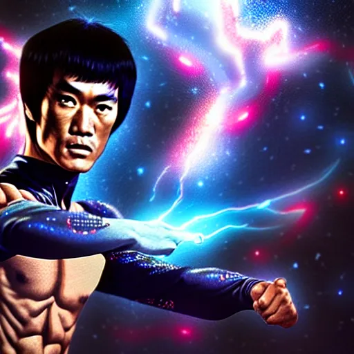 Prompt: bruce lee becoming empowered with the gift of fire, scifi, nebula reflections, futuristic background, dreamy, long white hair, blue android eyes, glowing, 8 k high definition, insanely detailed, intricate, innocent, art by akihiko yoshida, antilous chao, li zixin, woo kim