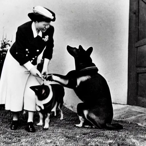 Prompt: ultra wide 1 9 4 6 historical photo of a single german general kneeling to pet a corgi, a young queen elizabeth watches him, french village exterior, highly detailed, sharp focus