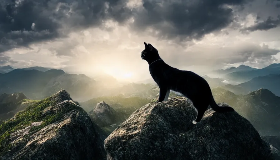 Prompt: a cat standing on the peak of a mountain range, looking far, digital art, epic lighting, epic composition, 4 k