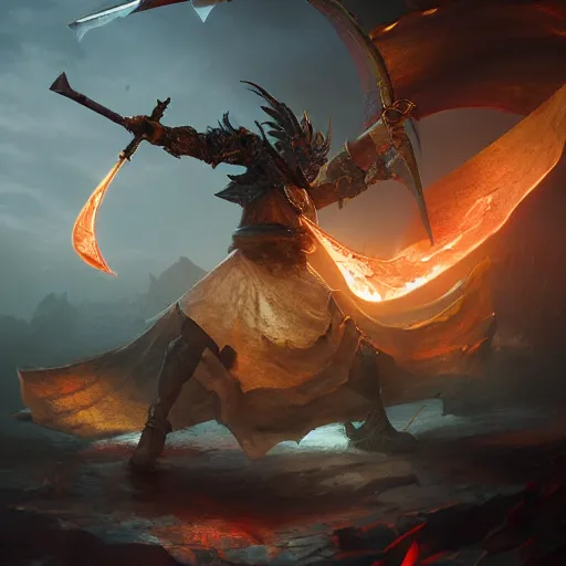 Image similar to Warrior slaying dragon ,cinematic shot, epic, volumetric lighting, made by Stanley Artgerm Lau, WLOP, Rossdraws, ArtStation, CGSociety, concept art, cgsociety, octane render, trending on artstation, artstationHD, artstationHQ, unreal engine, 4k, 8k,