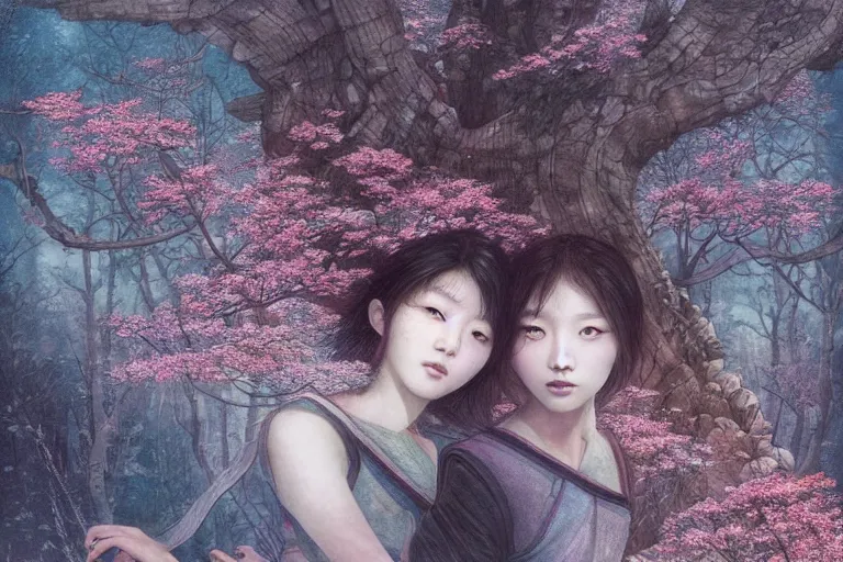 Image similar to Lee Jin-Eun by Andrew Ferez, rule of thirds, seductive look, beautiful, in intergalactic HQ with sakura trees
