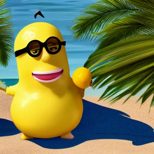 Prompt: a lemon cartoon character, that is muscular, is relaxing on a beach, inspired by dalle - 2